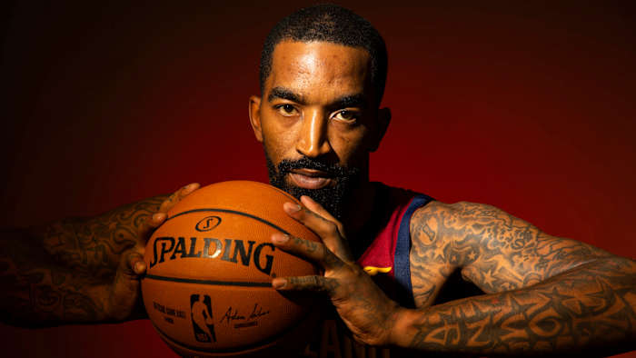 J.R. Smith poses for a portrait at media day